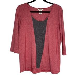 Sundance Red Striped Gray Crochet Detail 3/4 Sleeve Scoop Neck Top Medium